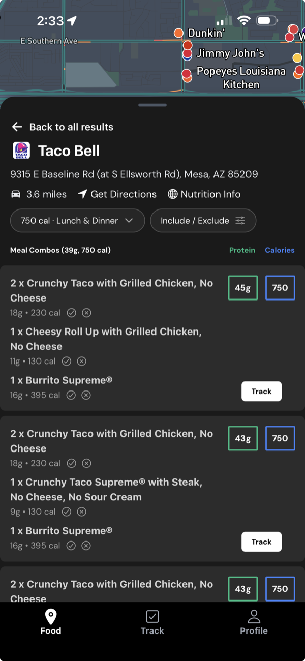 Simple Macros app showing nearby restaurants on a map with meal combos and macro targets